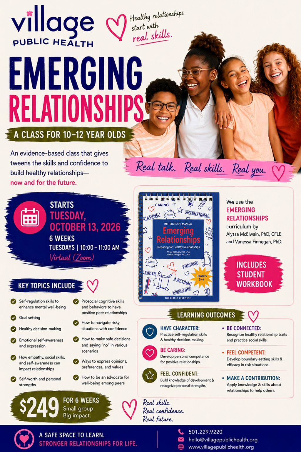 Emerging Relationships class flyer: starts Tuesday, October 13, 2026, six weeks, Tuesdays 10:00 to 11:00 AM, virtual, $249